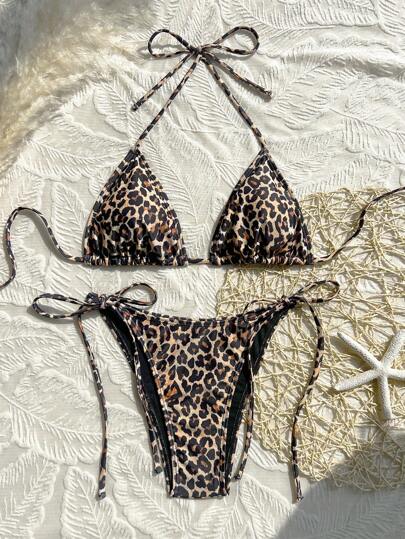 Swim Mod Women's Leopard Print Halter Tie Sexy Bikini Swimsuit Set, Random Design