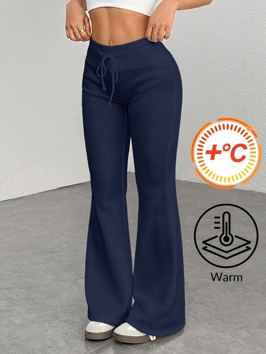 SHEIN PETITE Quần thể thao cạp trễ co giãn có dây rút, quần ống loe, quần nỉ giữ nhiệt, nhung tổng hợp, thích hợp cho mùa thu đông - Màu xanh hải quân - Xem 1