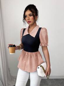 Elenzga Women's Plaid & Solid Color Contrast Print Elegant Short Sleeve Blouse - Multicolor - View 5