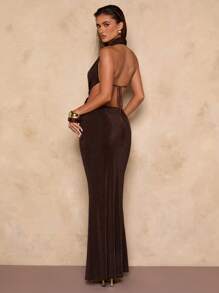 SHEIN BAE Women's Summer Elegant Sexy Outing Party Brown Knitted Snake Metal Decoration Backless Long Dress, Beach Outfits For Woman, Concert Outfit Women, Brunch Outfits For Women, Beach Vacation Outfits, Festival Outfits For Women - Coffee Brown - View 2