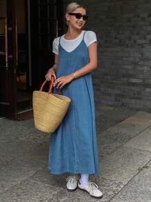 Livesso 女士休闲宽松牛仔吊带裙，春夏度假款 - 藍色 - 查看 2