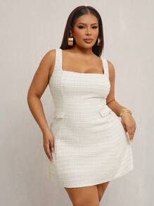 SHEIN SXY Plus Size Elegant Sexy Spring/Summer Metallic Textured Woven Fabric Square Neck + Metal Buckle Decor A-Line Sleeveless Bodycon Tank Dress, Suitable For Everyday Wear