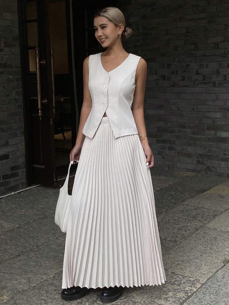 Women's Spring/Summer Elegant Vest & Pleated Skirt 2Pcs Sets