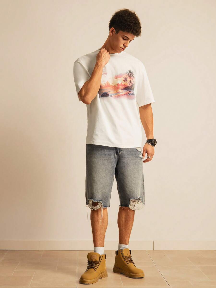 Manfinity VCAY Crew Neck Short Sleeve Fitted Cropped Front Print Men T-Shirt - White - View 1