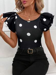SHEIN Clasi Polka Dot Round Neck Cap Sleeve Fitted Women T-Shirt Summer For Women Spring For Women Summer For Women Teacher For Women - Black and White - View 6