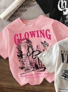 SHEIN 3pcs Tween Girls Casual Loose Retro Graphic T-Shirts In Black, White, Pink For Autumn, School, Campus, College - Multicolor - View 4