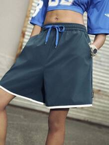 SHEIN Sports Women's Letter Print Drawstring Waist Pockets Sports Shorts - Blue - View 6