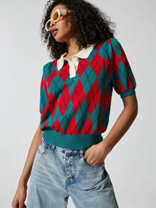 SHEIN EZwear Button Half Placket Argyle Knit Top