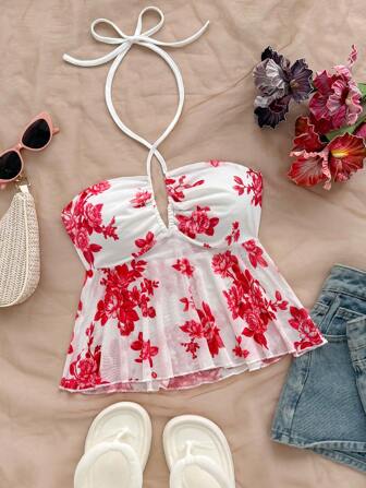 Soleia New Vacation-Styled Blue Knitted Printed Spaghetti Strap Backless Tied Camisole