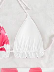 Swim Mod 3 件套女士新款春假沙滩装夏季套装，褶饰露背系带比基尼套装，花卉印花网眼沙滩裙，泳衣，适合游泳、度假、节日、波西米亚风 - 彩色 - 查看 6