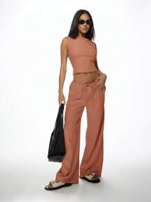 MISSGUIDED Summer Linen Feel Backless Co-Ord Set Wide Leg Palazzo Pants Crop Top Casual Beach Resort Festival Vacation Two Piece Outfit Loungewear Christmas - Red - View 3