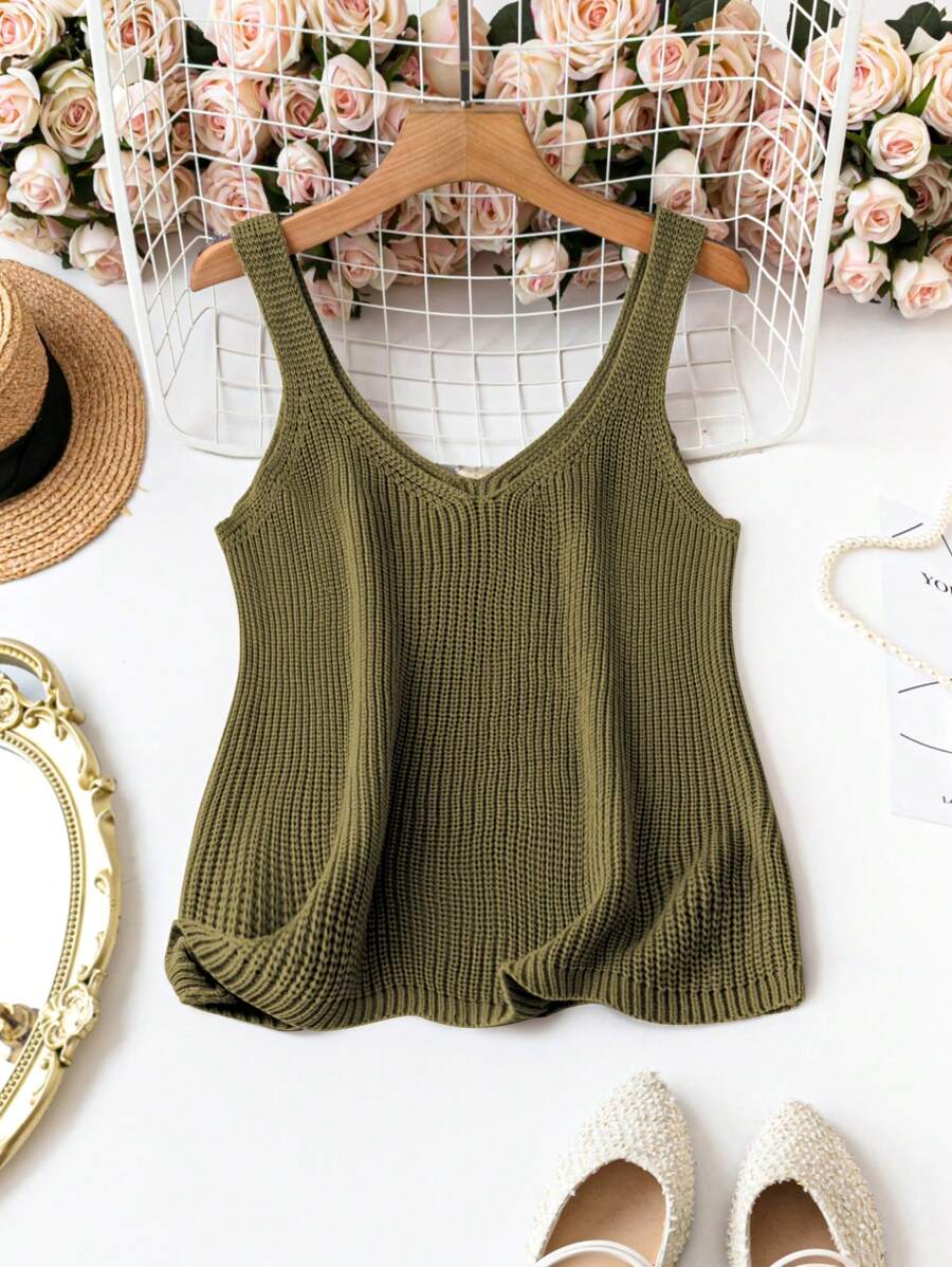 SHEIN LUNE Top de punto sin mangas estilo informal con tirantes gruesos de unicolor talla grande