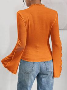 SHEIN Essnce Women Casual Solid Color Ribbed Lettuce Trim Flare Sleeve Fitted T-Shirt, Spring - Orange - View 2