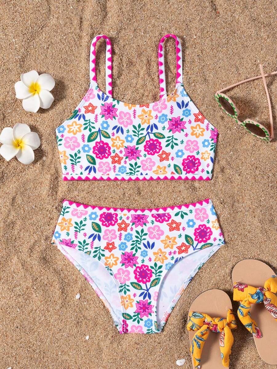 SHEIN 2pcs/Set Young Girl Cute Floral Print Ruffled Hem Bikini Swimwear Set, Spring/Summer Summer Holiday - Multicolor - View 1