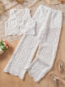 2pcs/Set Elegant Girls White Sleeveless Cover Up & Pants Sets, Fashionable - White - View 1