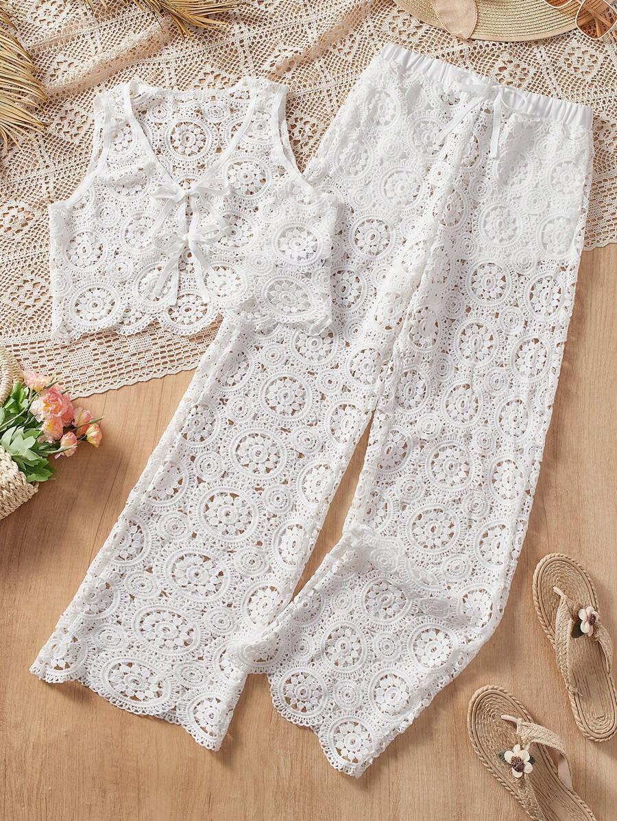 2pcs/Set Elegant Girls White Sleeveless Cover Up & Pants Sets, Fashionable - White - View 1