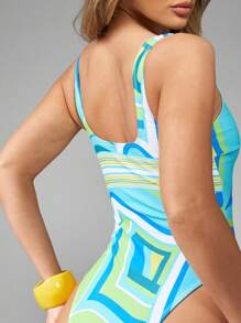 MISSGUIDED Traje de baño de una pieza con corte alto de estilo retro con estampado geométrico, ideal para verano, vacaciones en la playa, fiestas en la piscina. Diseño clásico de escote amplio y piernas altas, tipo bañador monokini - Multicolor - Ver 6