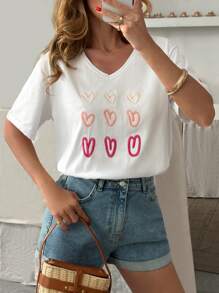 SHEIN CAMISETA DE CUELLO REDONDO CON BORDADO DE CORAZONES