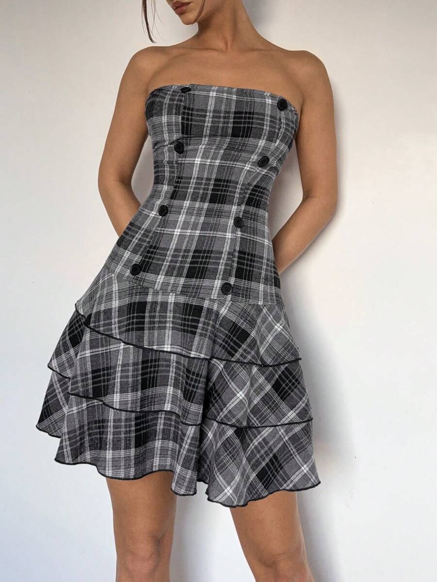 SHEIN Essnce Women's Plaid Print Layered Ruffled Mini Cami Dress - Multicolor - View 1