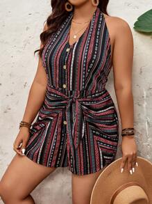 SHEIN VCAY Frauen Große Größen gestreifter Knopf Bindevorrichtung Vorderseite Träger Romper Overalls Frauen Boho Damenmode Westernbekleidung für Frauen Land Konzert Outfit - Verschiedenfarbig - Übersicht 3