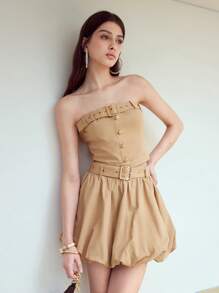 MOTF STUDIO CASUAL BELTED BUTTON FRONT CARGO TUBE TOP - Khaki - View 1