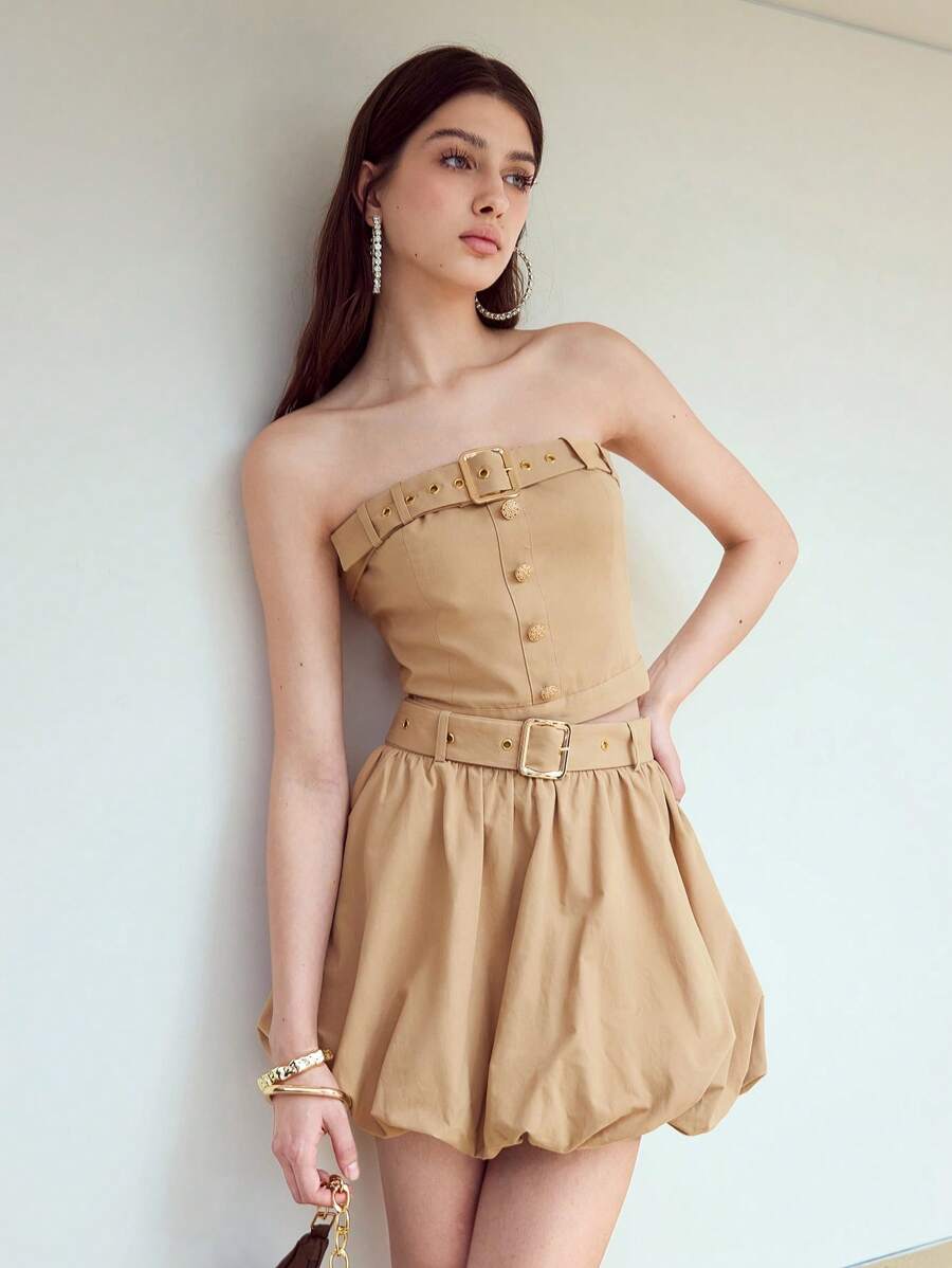 MOTF STUDIO CASUAL BELTED BUTTON FRONT CARGO TUBE TOP - Khaki - View 1