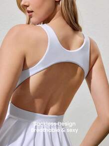 CourtClass Women's Solid Color Backless Pleated Hem Sports Dress - White - View 3