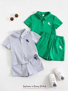 Cozy Pixies Set de 2 piezas para niño bebé: Top con cuello vuelto de punto suave, estampado ecuestre, manga corta y abotonadura media, y pantalón corto con cintura elástica - Multicolor - Ver 2