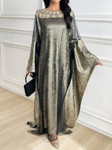 Al Najma 女士撞色蕾丝网纱长袍和连衣裙阿拉伯服装套装，朴素 - 金色 - 查看 2