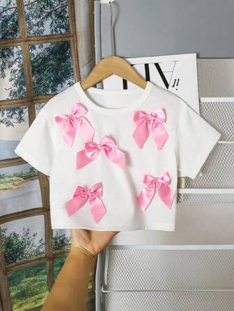 Genkimix Kids 年轻女孩圆领短袖可爱蝴蝶结装饰休闲 T 恤
