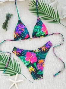 Swim Vcay 2 件套全新彩色碎花侧系带高开叉丁字裤比基尼泳装套装，女士海滩度假装 - 彩色 - 查看 5