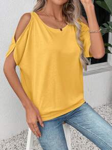 EMERY ROSE Summer Casual Solid Color One-Shoulder Round Neck Short Sleeve T-Shirt - Coral Orange - View 3