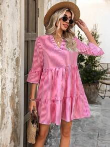 SHEIN Clasi Abito casual con colletto a tacca, stampa a righe e volant sul fondo