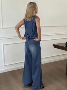 DAZY Women V-Neck Sleeveless Top And Pocketed Pants Casual Denim Two Pieces Set, Spring & Summer - Navy Blue - View 6