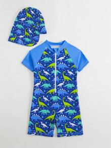 Traje de baño de una pieza sin mangas con estampado de dinosaurios y shorts para niño pequeño, estampados aleatorios (incluye gorra) - Set de 2 piezas para niños pequeños, ropa de playa para niños, trajes de baño para niños - Multicolor - Ver 4