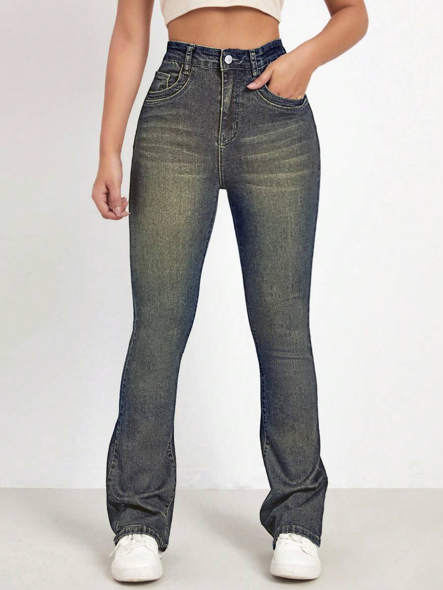 SHEIN EZwear Washed Denim Blue High Waist Bleach Wash Flare Leg Jeans - Dusty Blue - View 1