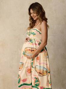Boho Mama Abito casual senza maniche con stampa di piante tropicali, per donne in gravidanza, adatto per vacanze