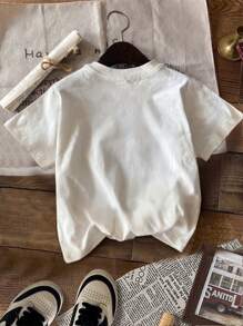 SHEIN Leap Crew Ropa para el regreso a la escuela, camisetas gráficas lindas, camiseta blanca informal de manga corta para niña preadolescente con cuello redondo y diseño floral minimalista y alfabeto inglés, adecuada para la primavera y el verano - Blanco - Ver 2