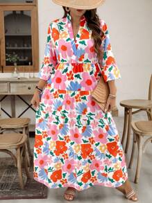SHEIN LUNE Plus Size Women Floral Print Flare Sleeve Casual Dress Summer Outfits For Women Vacation Outfits Women Summer Dresses For Women,Beach Dress Sundress,Holiday Outfits Boho Summer Outfits For Women Vacation Outfits Women - Multicolor - View 3