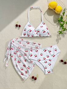 Bộ bikini tam giác có dây đeo có thể điều chỉnh họa tiết quả anh đào dành cho bé gái tuổi teen có chân váy lưới phủ ngoài, thích hợp cho kỳ nghỉ, cổ điển, bãi biển, đại dương, thanh lịch, dễ thương - Nhiều màu - Xem 1