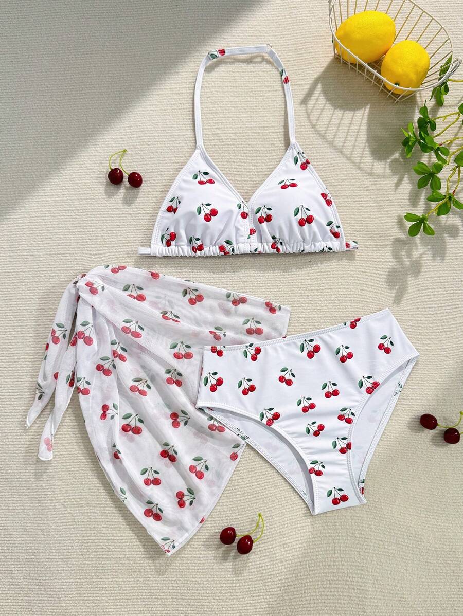 Bộ bikini tam giác có dây đeo có thể điều chỉnh họa tiết quả anh đào dành cho bé gái tuổi teen có chân váy lưới phủ ngoài, thích hợp cho kỳ nghỉ, cổ điển, bãi biển, đại dương, thanh lịch, dễ thương - Nhiều màu - Xem 1
