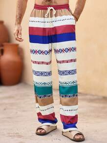 Manfinity VCAY Men's Casual Woven Striped Mid-Waist Drawstring Straight Leg Pants
