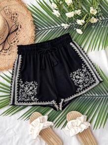 Flirla Pantaloncini neri retrò con ricamo e fiocco