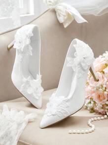 CUCCOO HITCHD Women's White Pearl Flower Decorated Pointed Toe High Heel Shoes, Fashion Versatile Design For Wedding, Party, Formal Events - White - View 6
