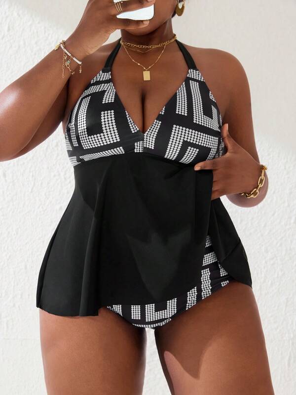 Swim Lushoire Costume da bagno più taglie con stampa geometrica, abito con collo ad alette e slip a triangolo, adatto per l'estate