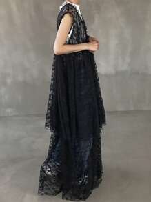 FRIFUL Women Mesh Lace Frill Edge Cami Layer Long Solid Color Casual Dress, Summer Streetwear