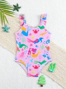 SHEIN Baby Girls Floral Print Ruffled Hem Swimsuit Beach Outfit - Multicolor - View 1