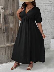 SHEIN VCAY Rochie cu mânecă scurtă, de zi cu zi, cu mâneci scurte, de damă, de mărime mare, culoare uni, negru