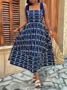 Breezaya Plus Size Asymmetrical Colorblock Geometric Striped Print Tie-Shoulder A-Line Midi Casual/Holiday Dress - Multicolor - View 6