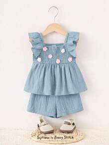 Cozy Pixies Baby Girl 3D Floral Collar Ruffle Sleeveless Top & Elastic Waist Shorts 2 Pieces Set